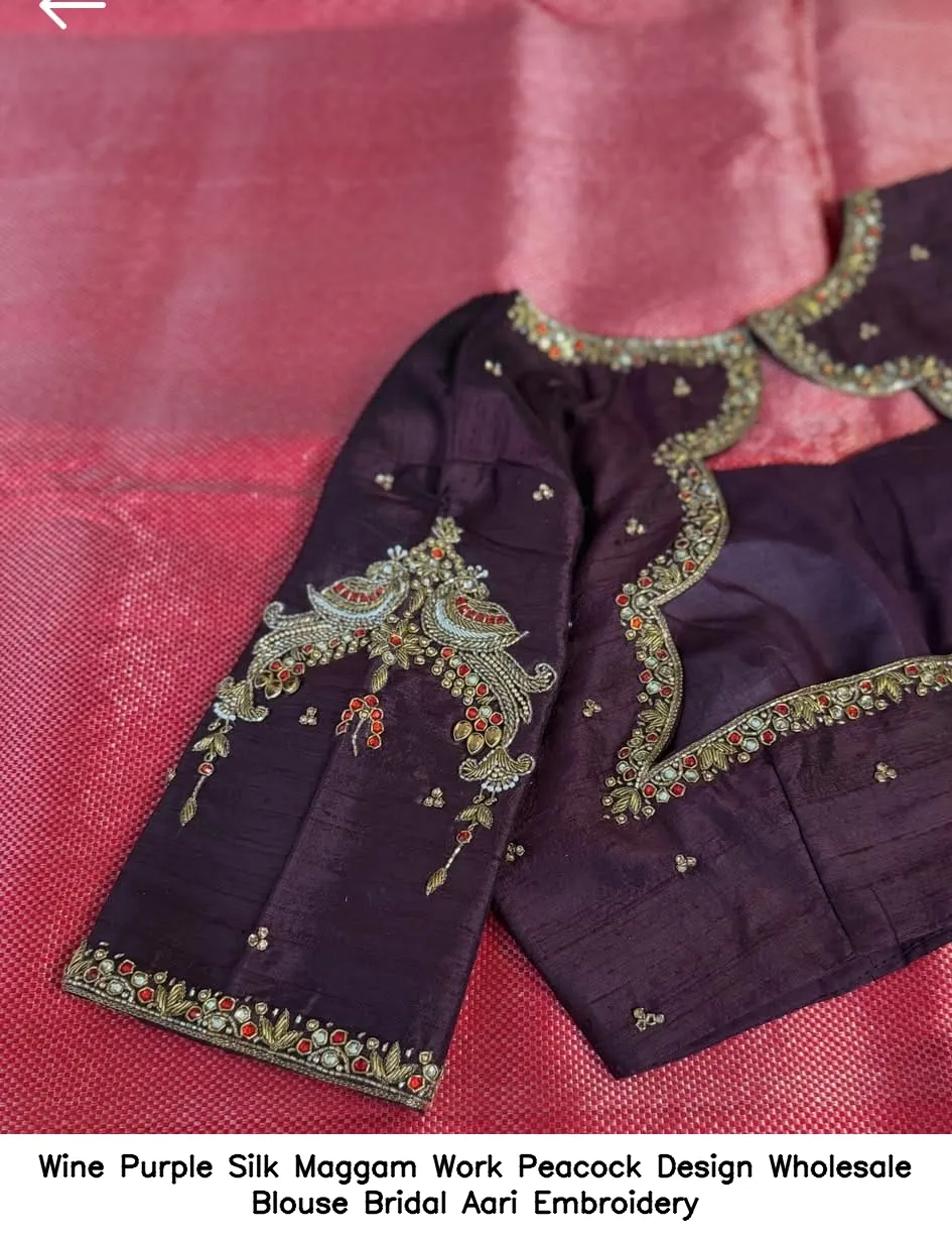 Wine Purple Silk Maggam Work Peacock Design Wholesale Blouse – Bridal Aari Embroidery