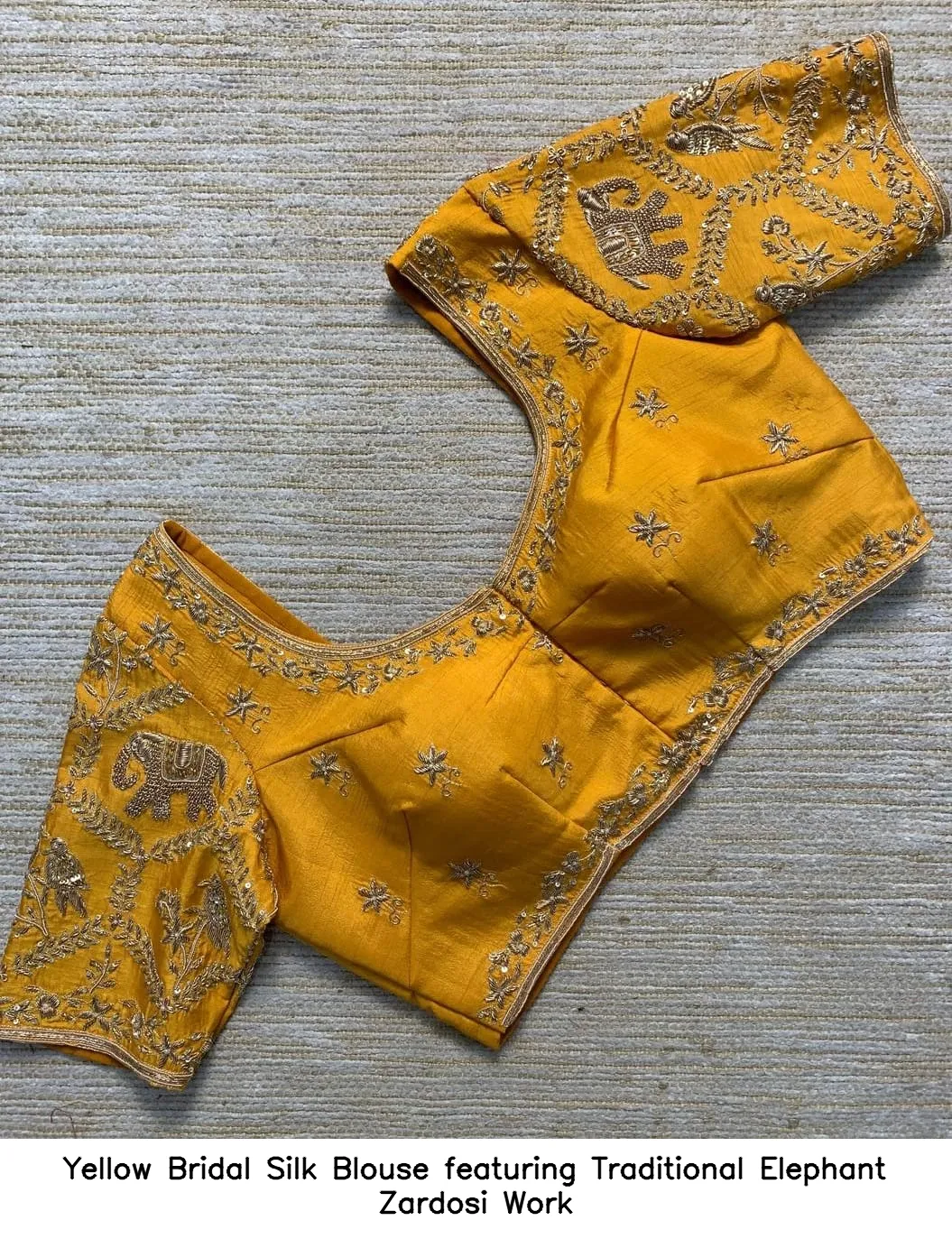 Yellow Bridal Silk Blouse featuring Traditional Elephant Zardosi Work