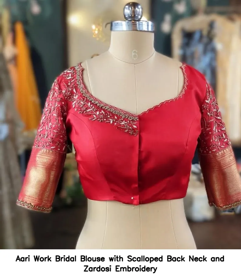 Aari Work Bridal Blouse with Scalloped Back Neck and Zardosi Embroidery