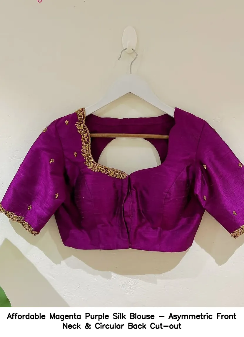 Affordable Magenta Purple Silk Blouse - Asymmetric Front Neck & Circular Back Cut-out