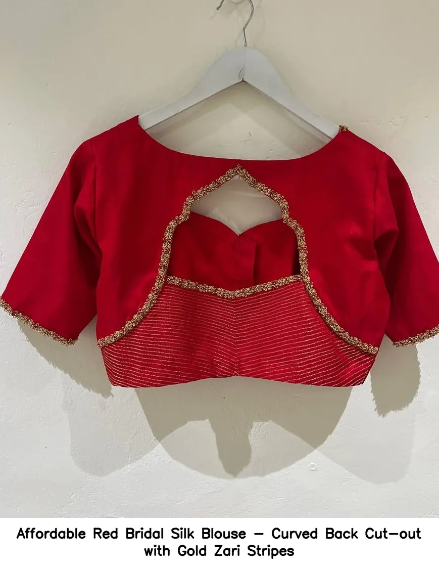 Affordable Red Bridal Silk Blouse - Curved Back Cut-out with Gold Zari Stripes