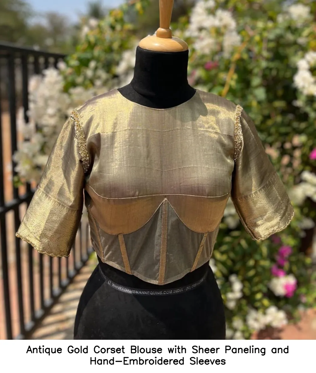 Antique Gold Corset Blouse with Sheer Paneling and Hand-Embroidered Sleeves