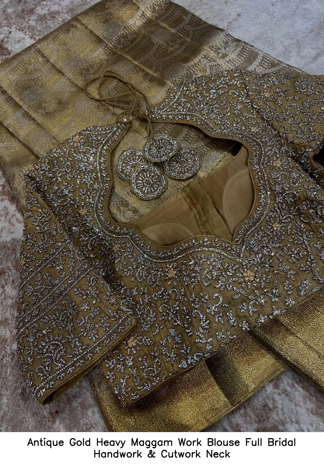 Antique Gold Heavy Maggam Work Blouse – Full Bridal Handwork & Cutwork Neck