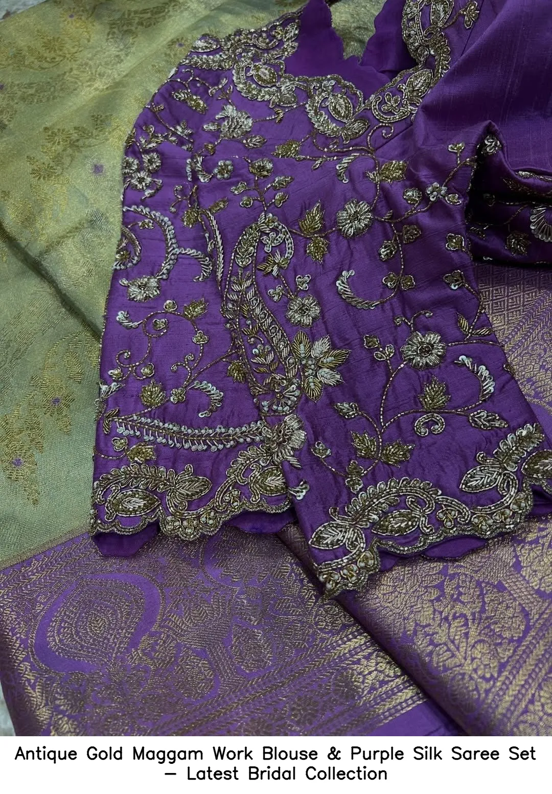 Antique Gold Maggam Work Blouse & Purple Silk Saree Set - Latest Bridal Collection