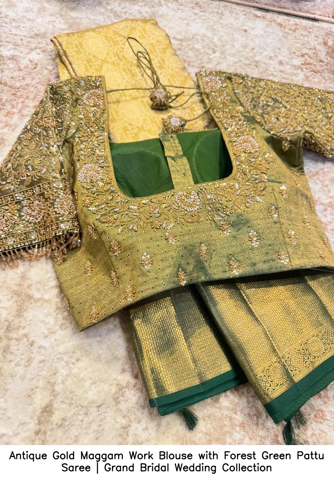 Antique Gold Maggam Work Blouse with Forest Green Pattu Saree | Grand Bridal Wedding Collection