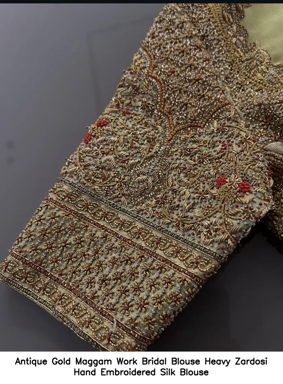 Antique Gold Maggam Work Bridal Blouse Heavy Zardosi Hand Embroidered Silk Blouse