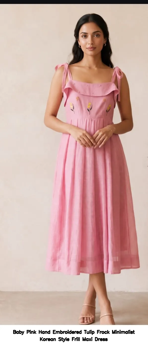 Baby Pink Hand Embroidered Tulip Frock Minimalist Korean Style Frill Maxi Dress