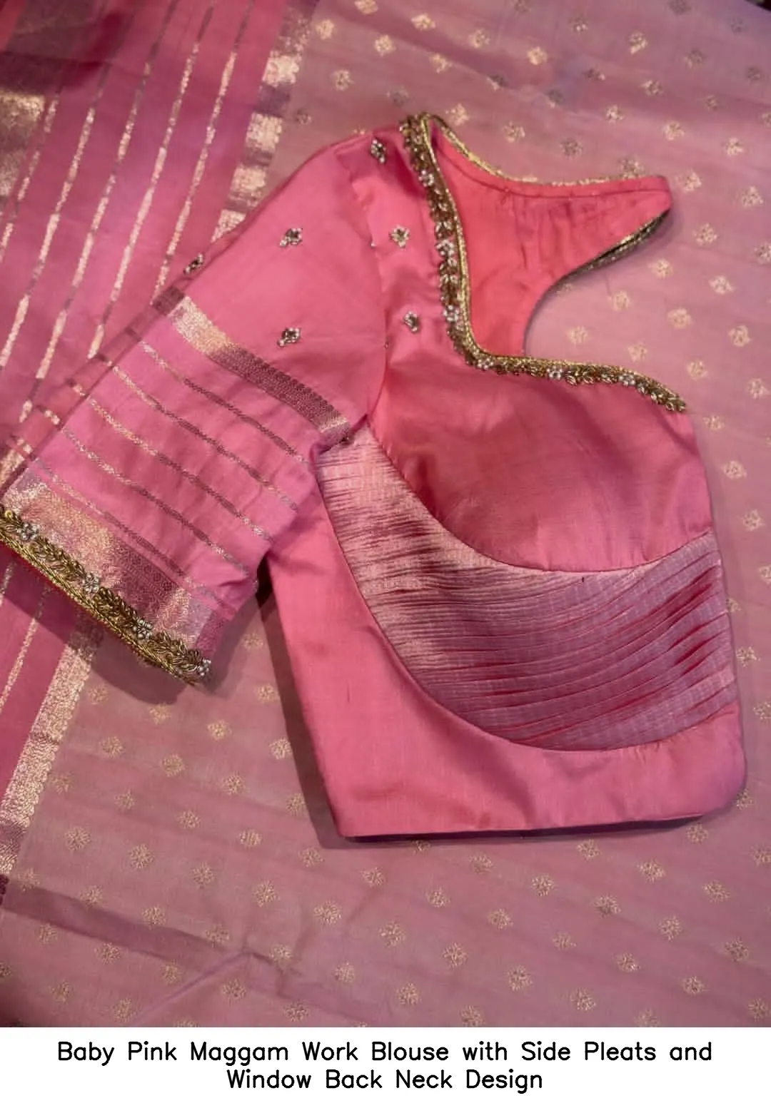 Baby Pink Maggam Work Blouse with Side Pleats and Window Back Neck Design