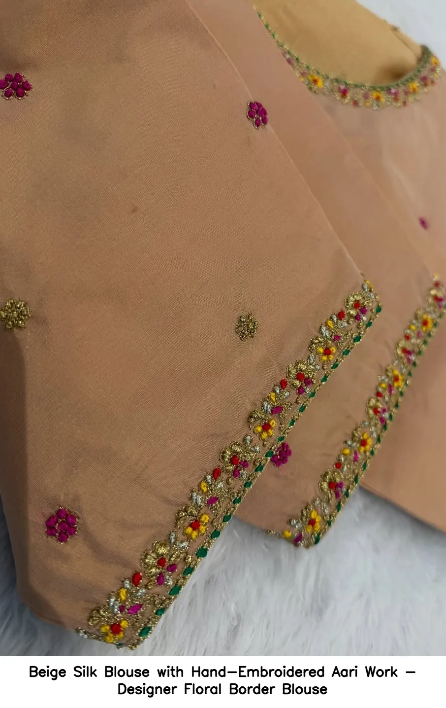 Beige Silk Blouse with Hand-Embroidered Aari Work - Designer Floral Border Blouse