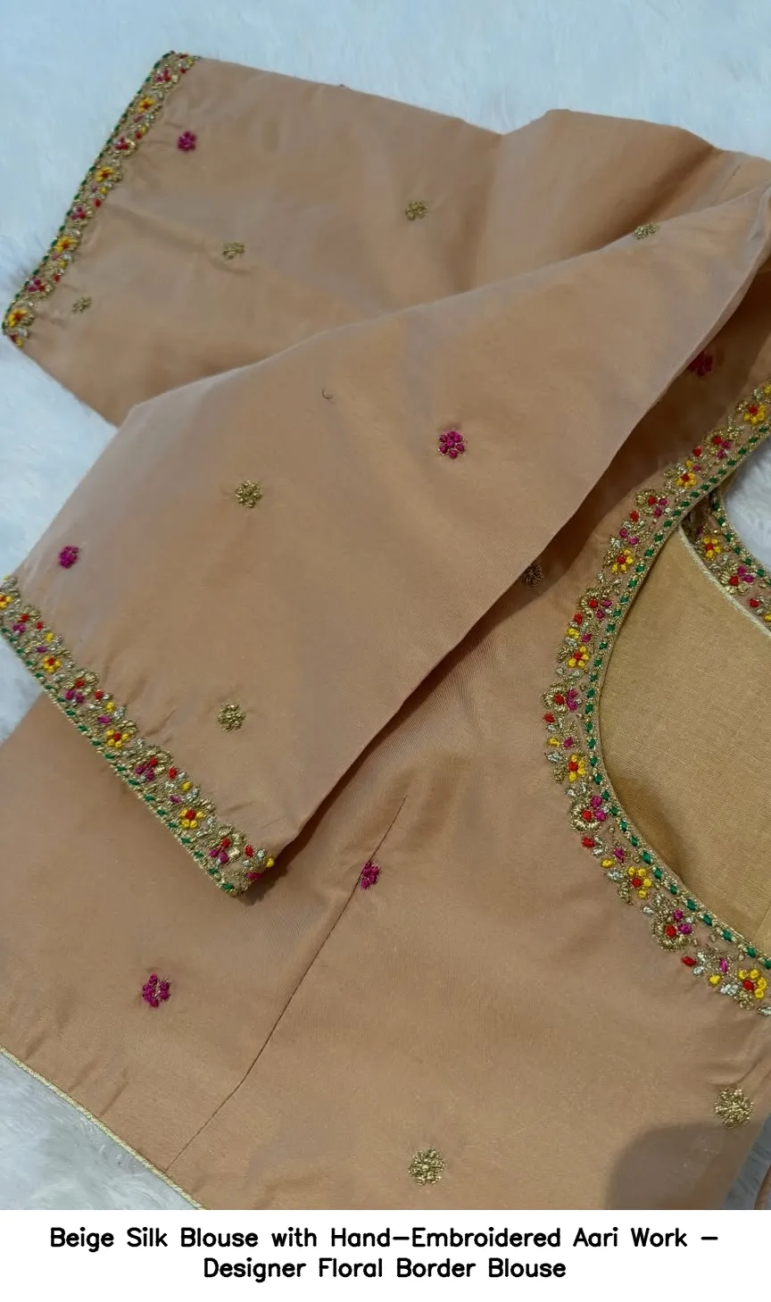 Beige Silk Blouse with Hand-Embroidered Aari Work - Designer Floral Border Blouse
