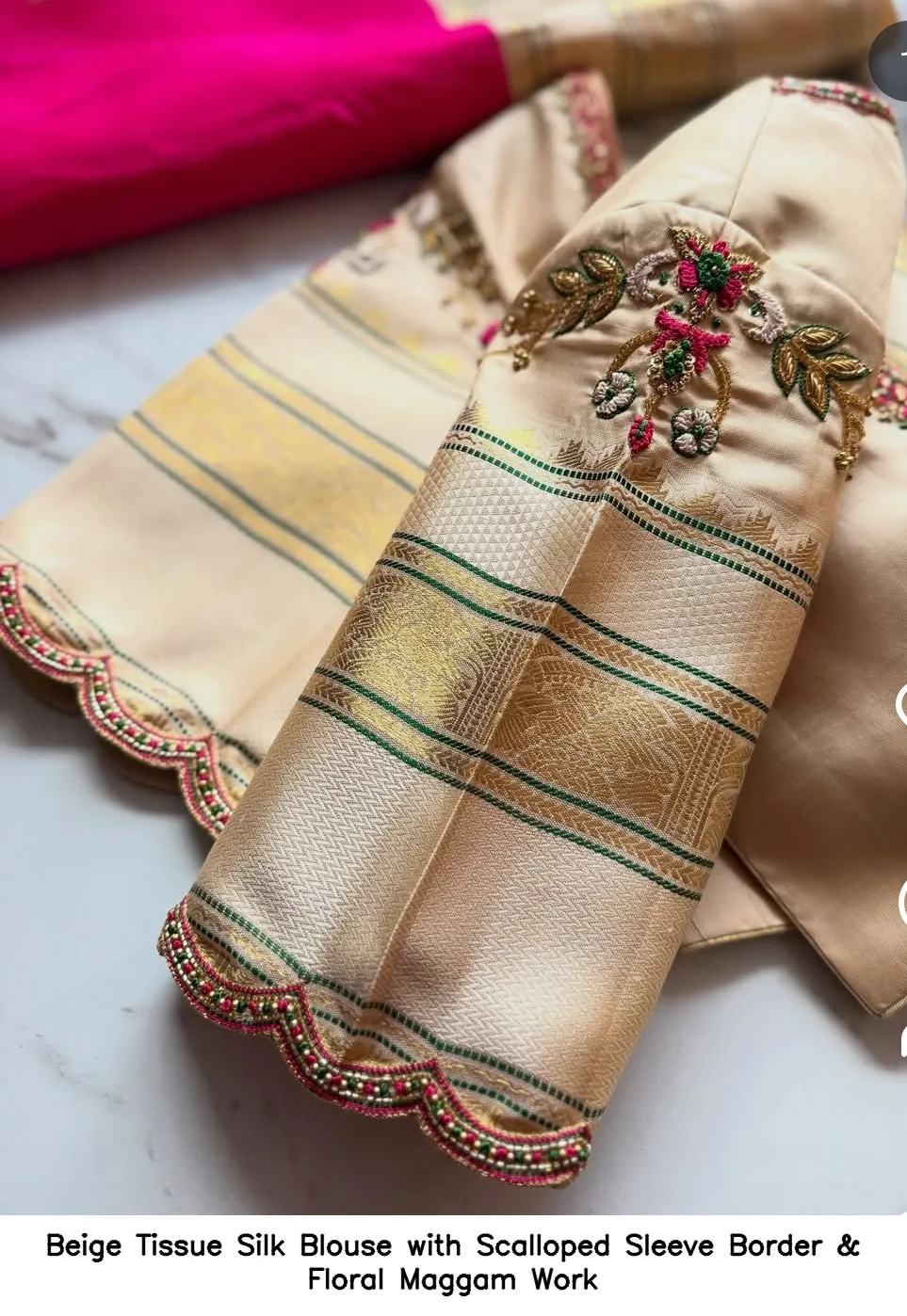 Beige Tissue Silk Blouse with Scalloped Sleeve Border & Floral Maggam Work