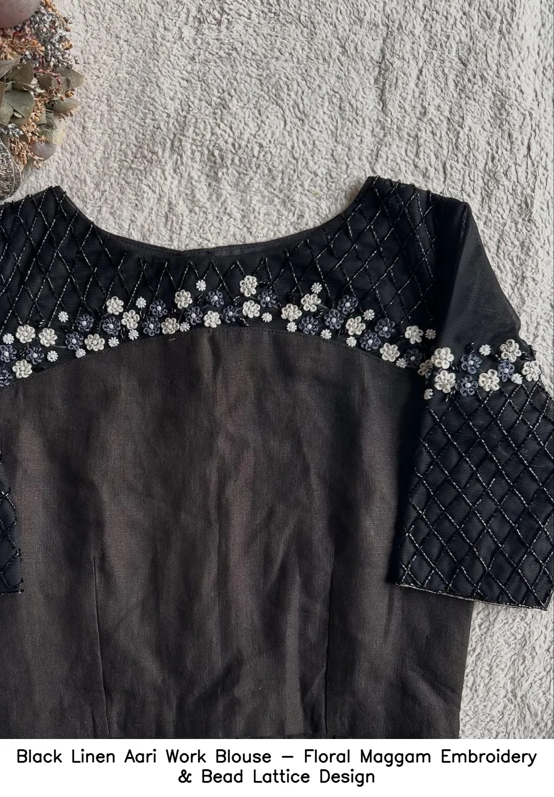 Black Linen Aari Work Blouse - Floral Maggam Embroidery & Bead Lattice Design