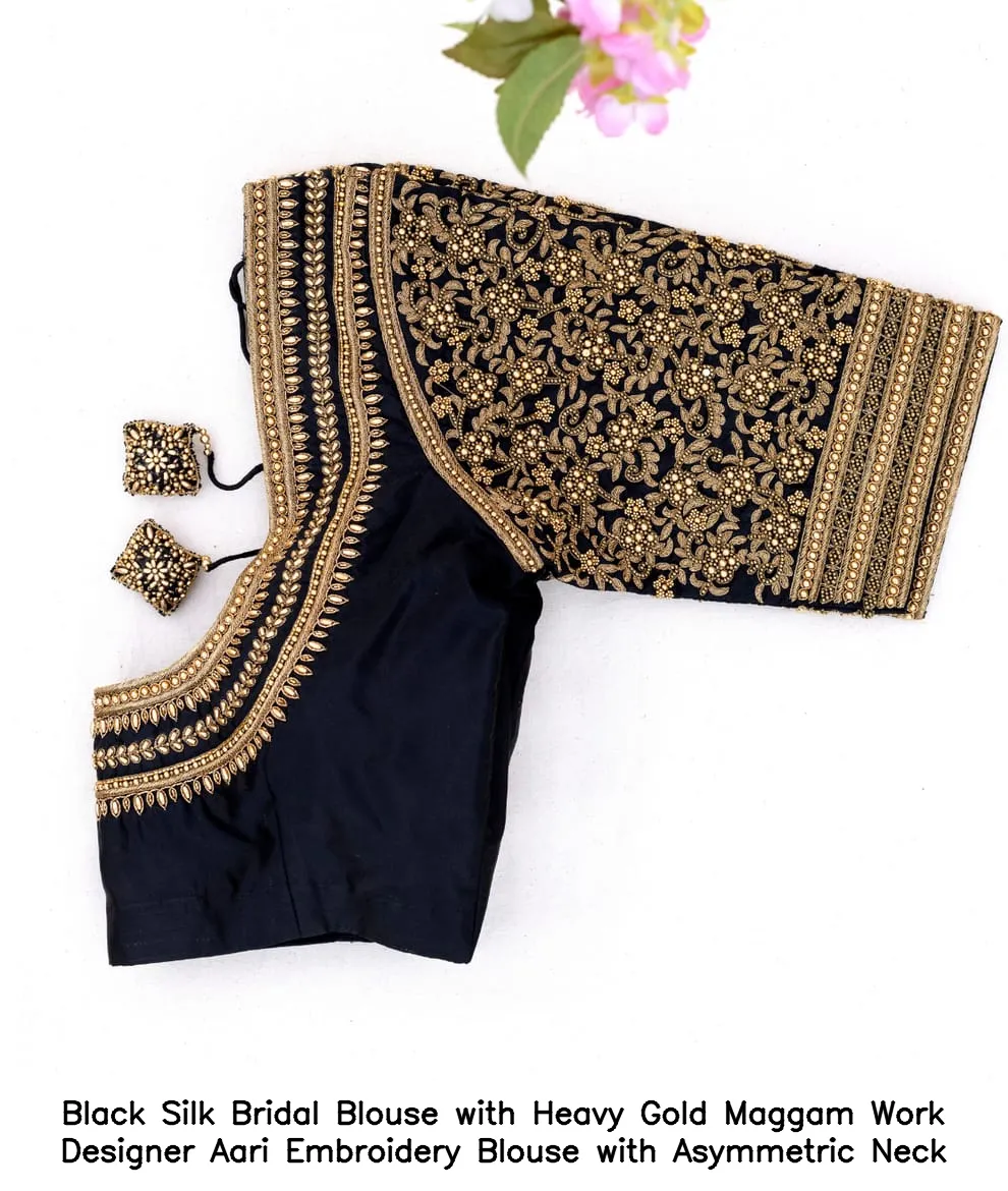 Black Silk Bridal Blouse with Heavy Gold Maggam Work – Designer Aari Embroidery Blouse with Asymmetric Neck - Image 2