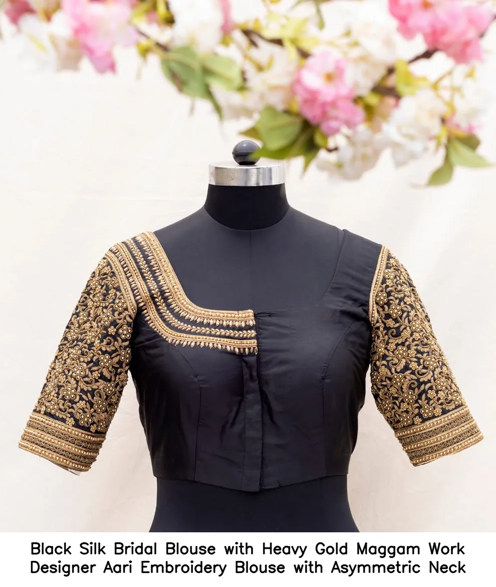 Black Silk Bridal Blouse with Heavy Gold Maggam Work – Designer Aari Embroidery Blouse with Asymmetric Neck - Image 3