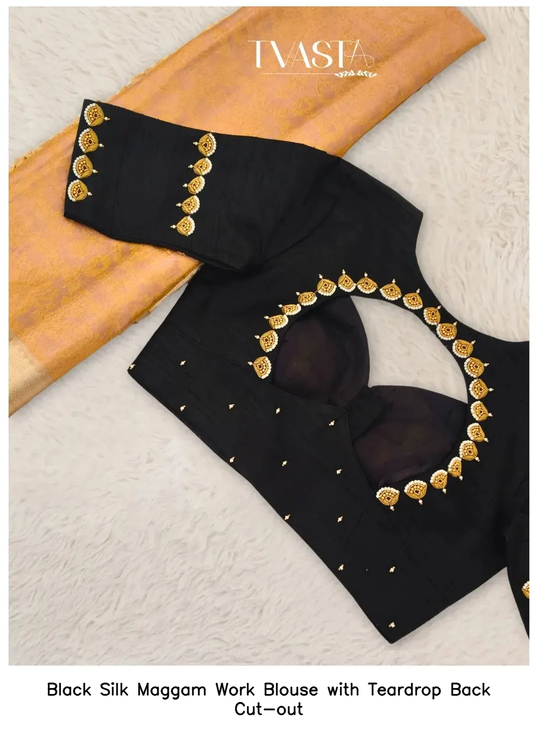 Black Silk Maggam Work Blouse with Teardrop Back Cut-out