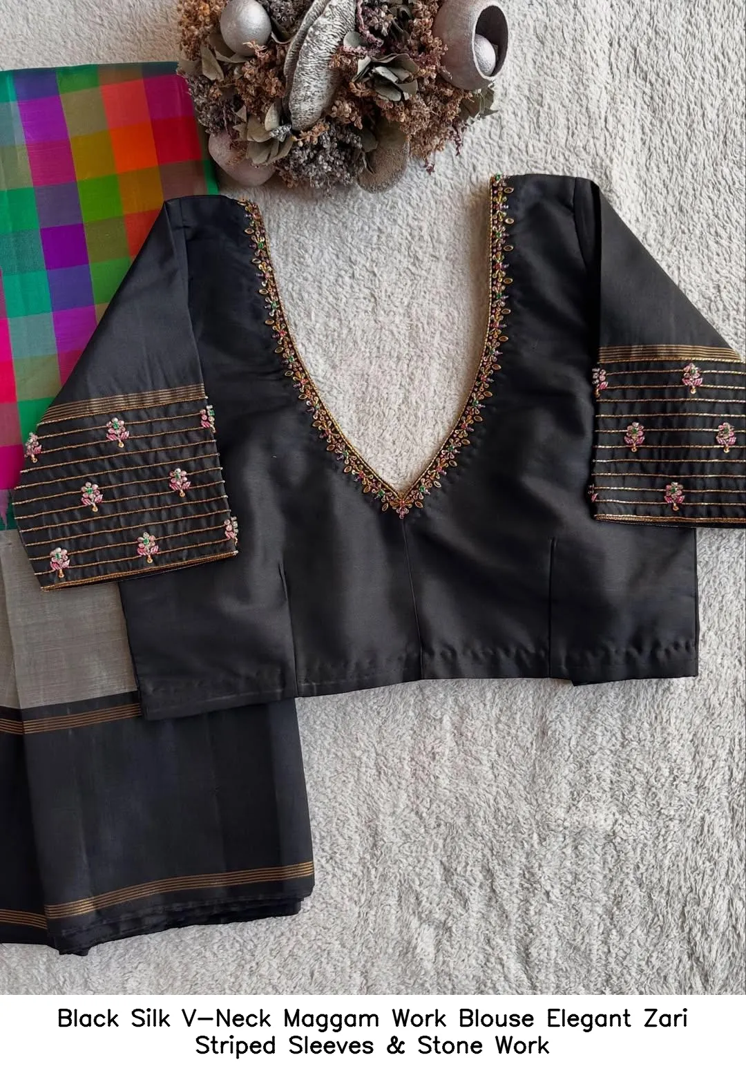 Black Silk V-Neck Maggam Work Blouse – Elegant Zari Striped Sleeves & Stone Work