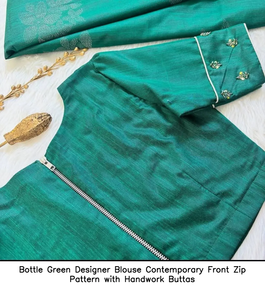 Bottle Green Designer Blouse – Contemporary Front Zip Pattern with Handwork Buttas