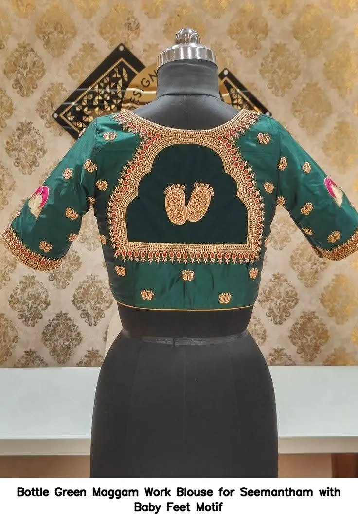 Bottle Green Maggam Work Blouse for Seemantham with Baby Feet Motif