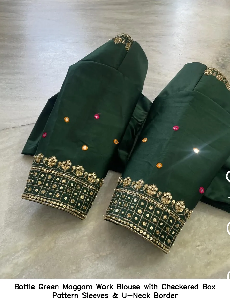 Bottle Green Maggam Work Blouse with Checkered Box Pattern Sleeves & U-Neck Border