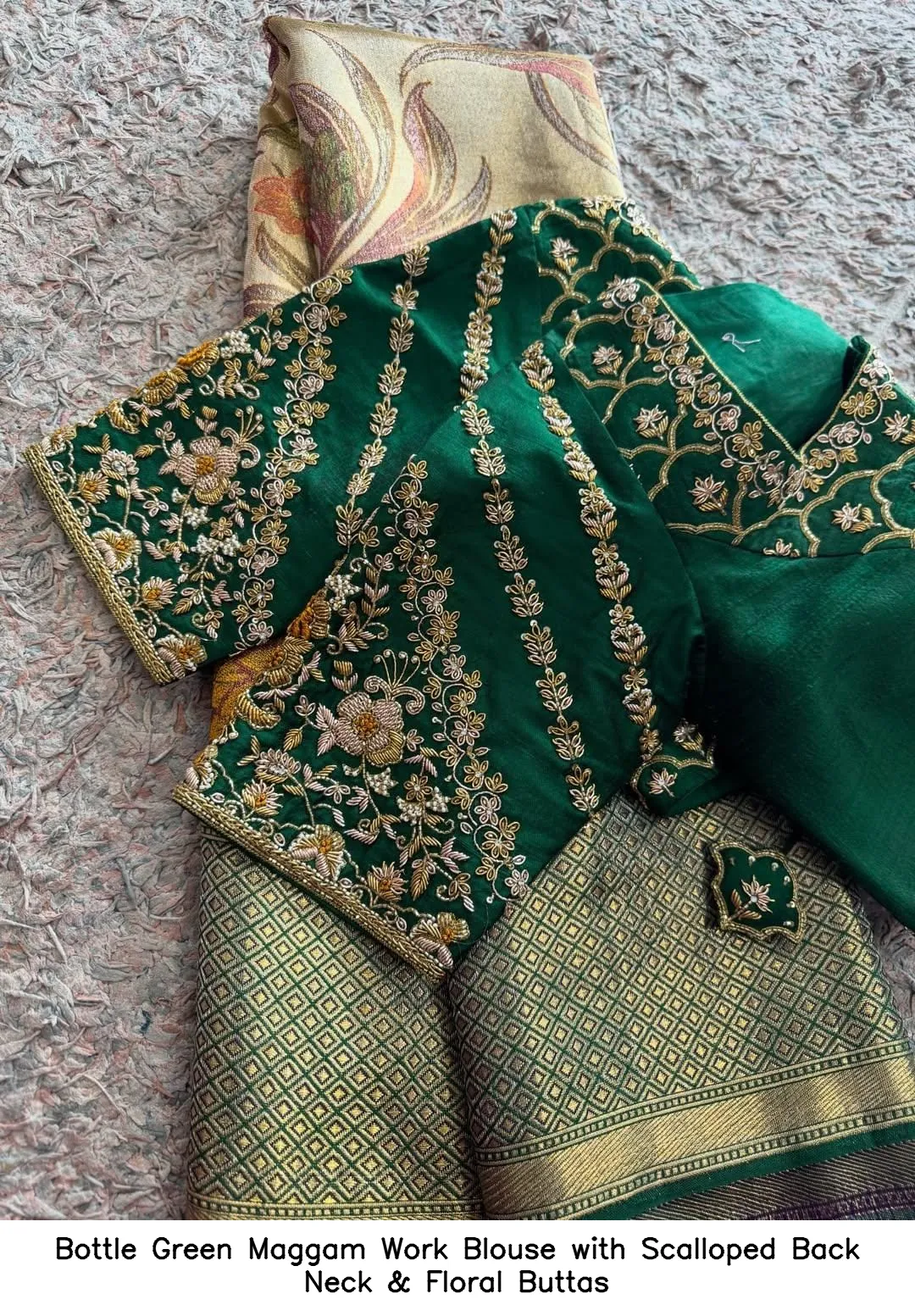Bottle Green Maggam Work Blouse with Scalloped Back Neck & Floral Buttas