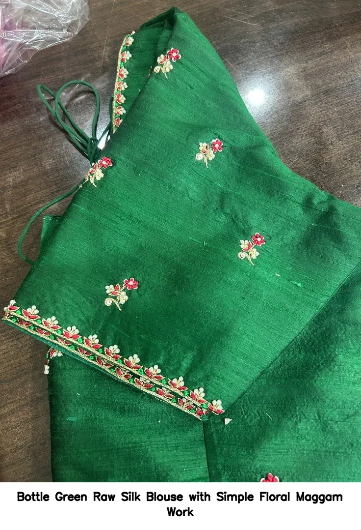 Bottle Green Raw Silk Blouse with Simple Floral Maggam Work