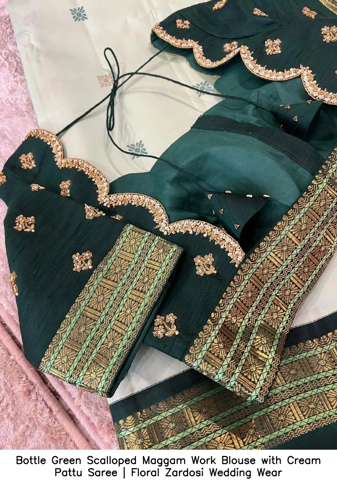 Bottle Green Scalloped Maggam Work Blouse with Cream Pattu Saree | Floral Zardosi Wedding Wear