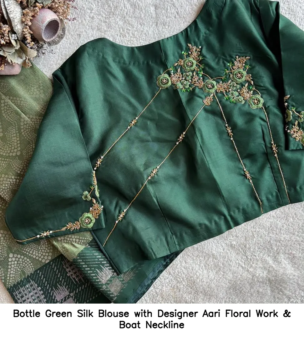 Bottle Green Silk Blouse with Designer Aari Floral Work & Boat Neckline