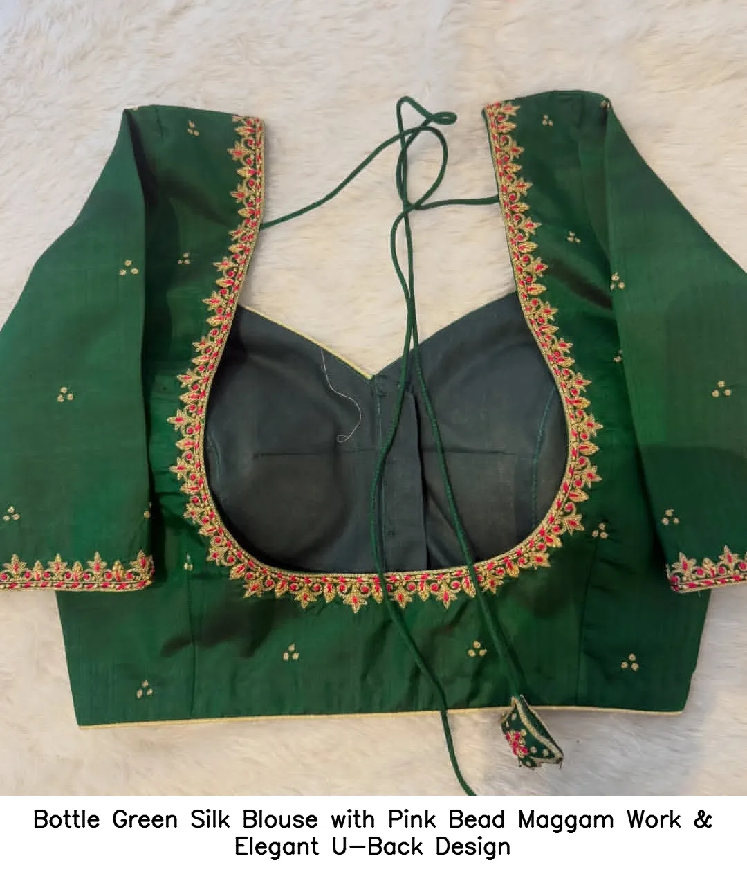Bottle Green Silk Blouse with Pink Bead Maggam Work & Elegant U-Back Design