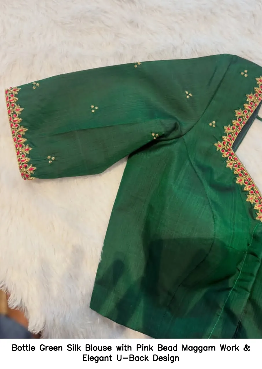 Bottle Green Silk Blouse with Pink Bead Maggam Work & Elegant U-Back Design