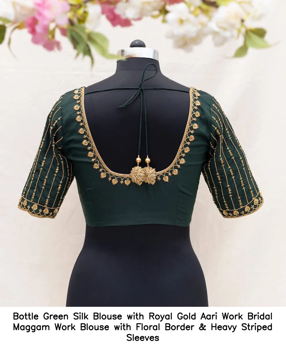 Bottle Green Silk Blouse with Royal Gold Aari Work – Bridal Maggam Work Blouse with Floral Border & Heavy Striped Sleeves - Image 2