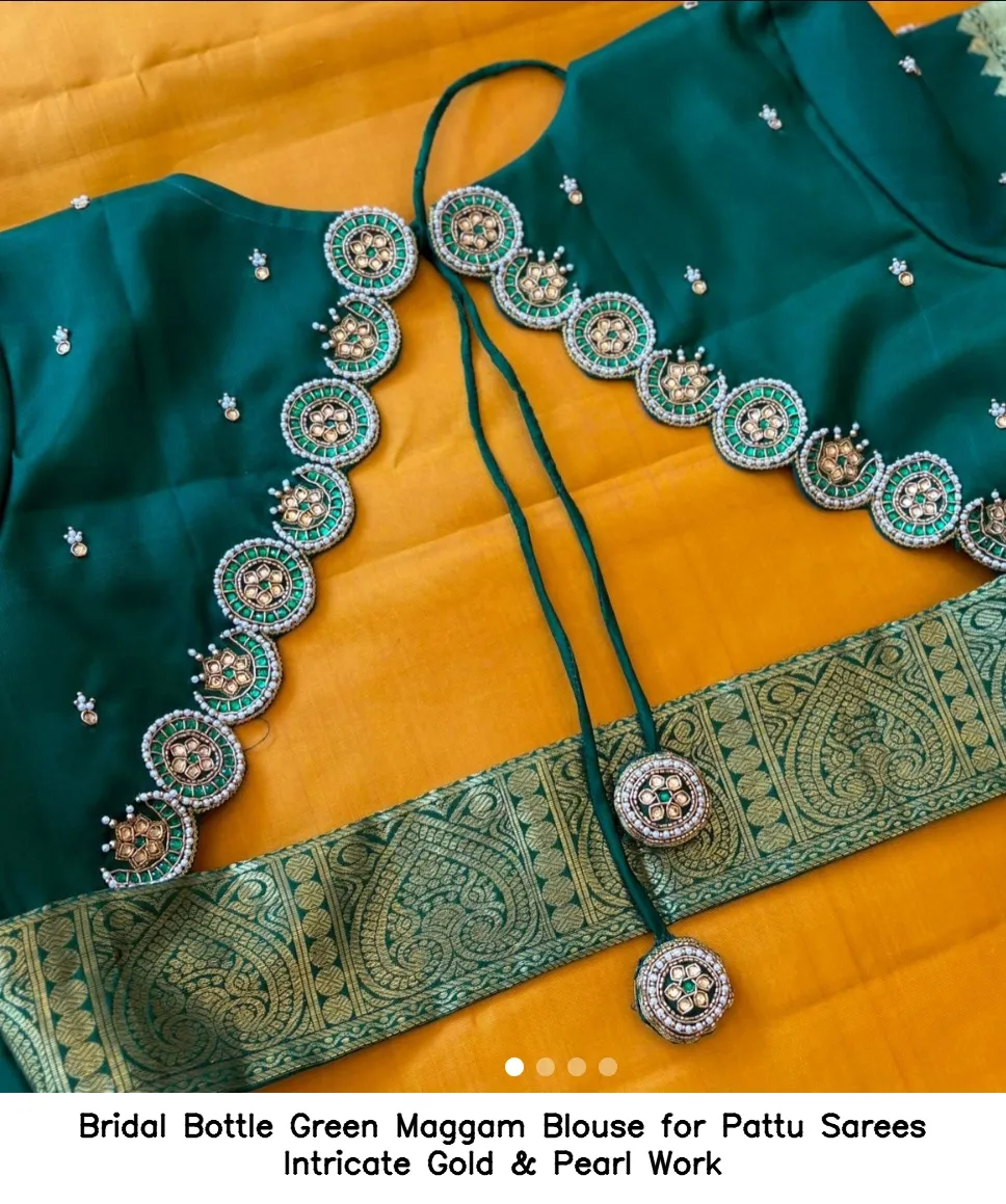 Bridal Bottle Green Maggam Blouse for Pattu Sarees – Intricate Gold & Pearl Work