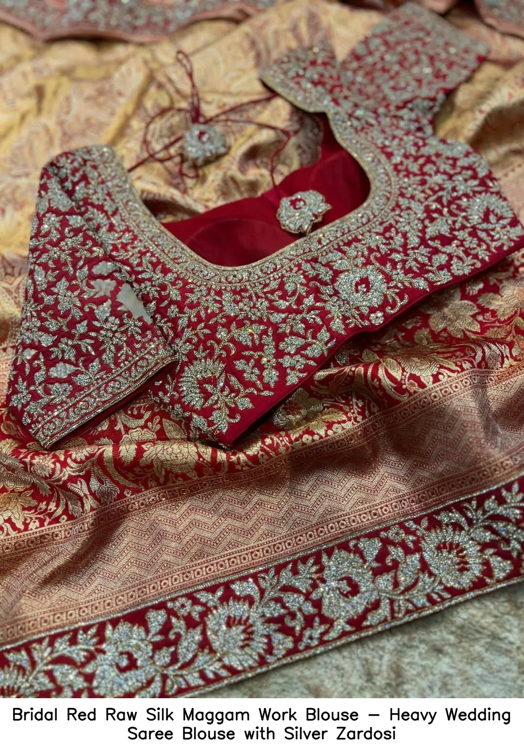 Bridal Red Raw Silk Maggam Work Blouse - Heavy Wedding Saree Blouse with Silver Zardosi
