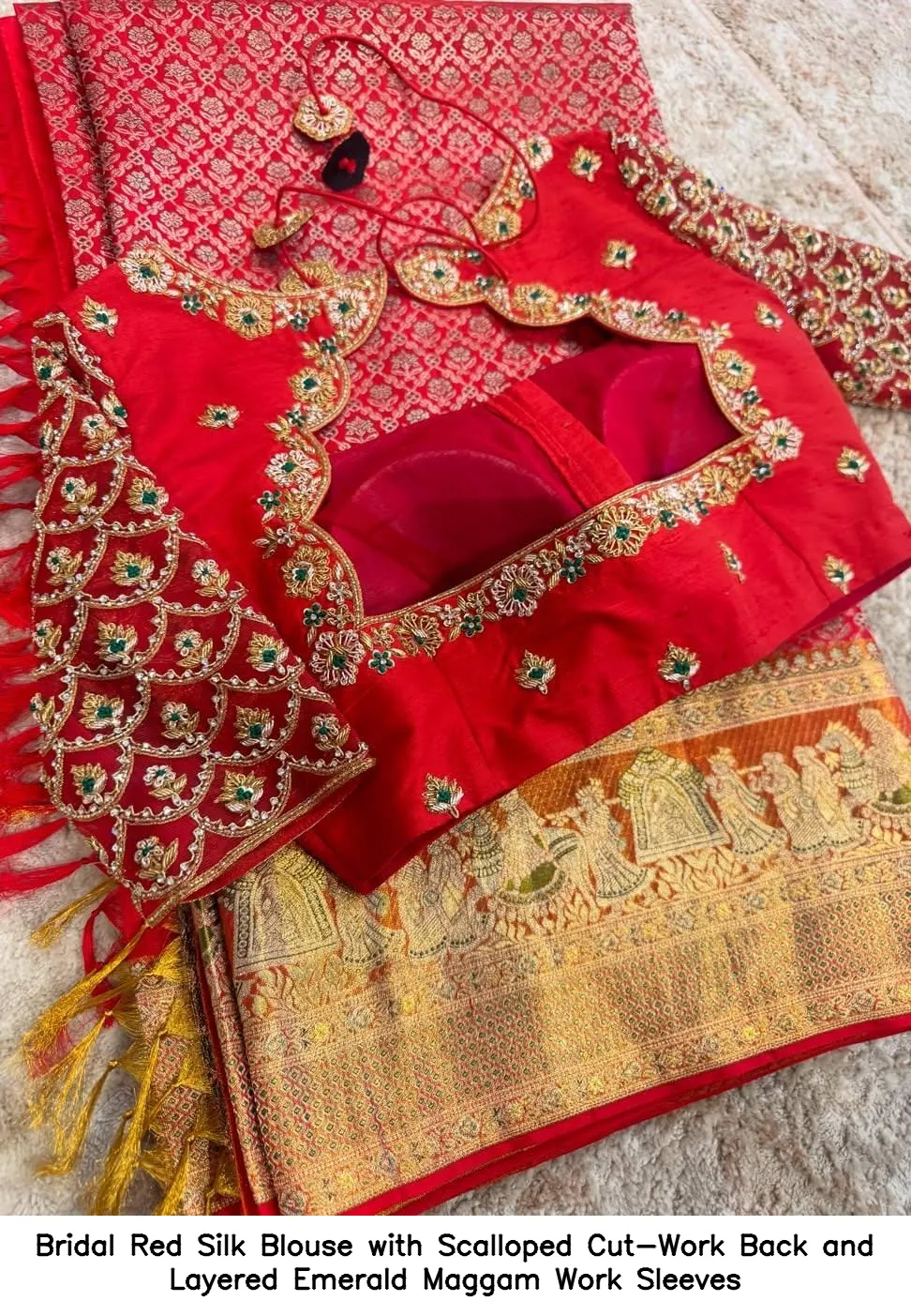 Bridal Red Silk Blouse with Scalloped Cut-Work Back and Layered Emerald Maggam Work Sleeves