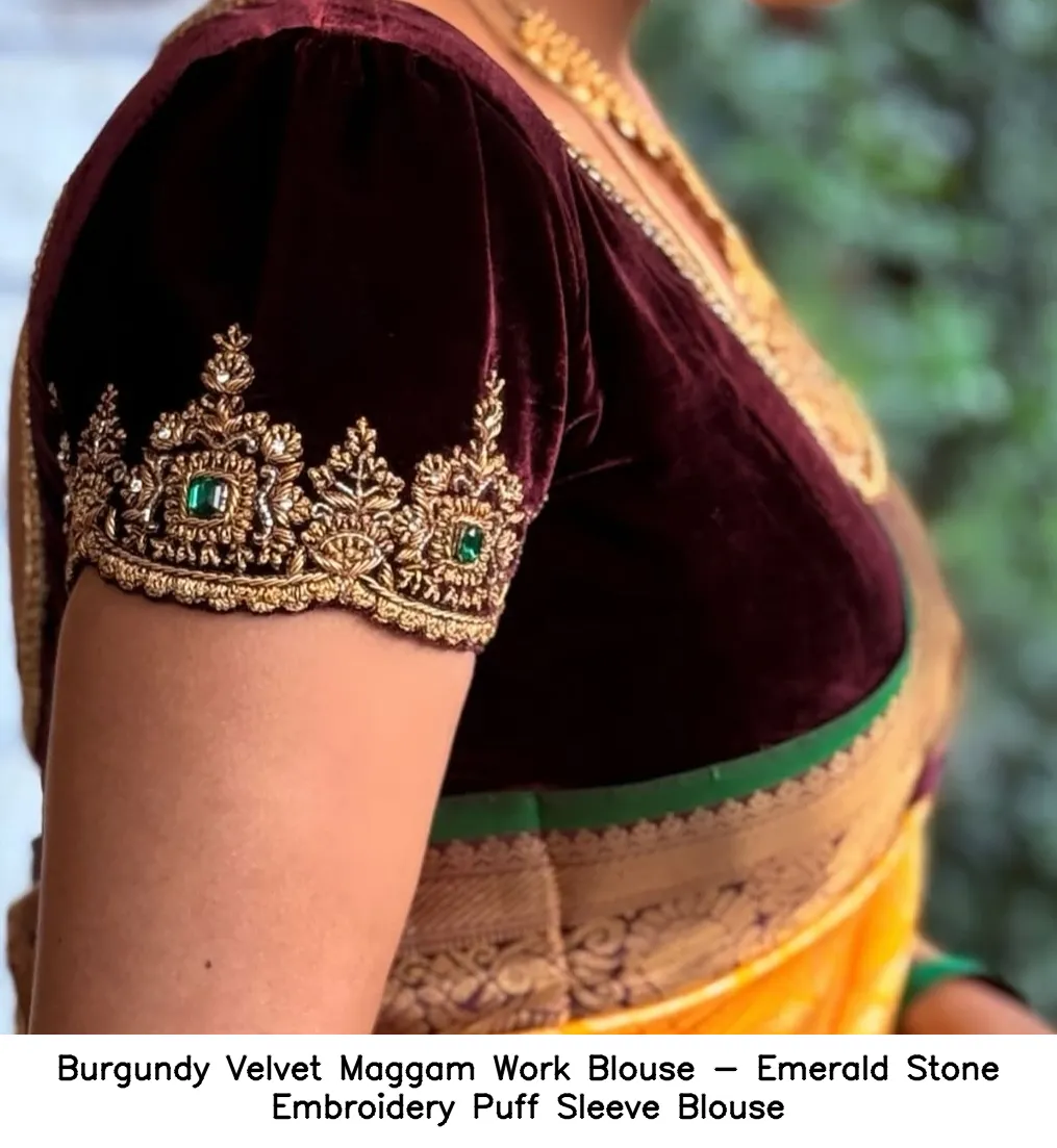 Burgundy Velvet Maggam Work Blouse - Emerald Stone Embroidery Puff Sleeve Blouse