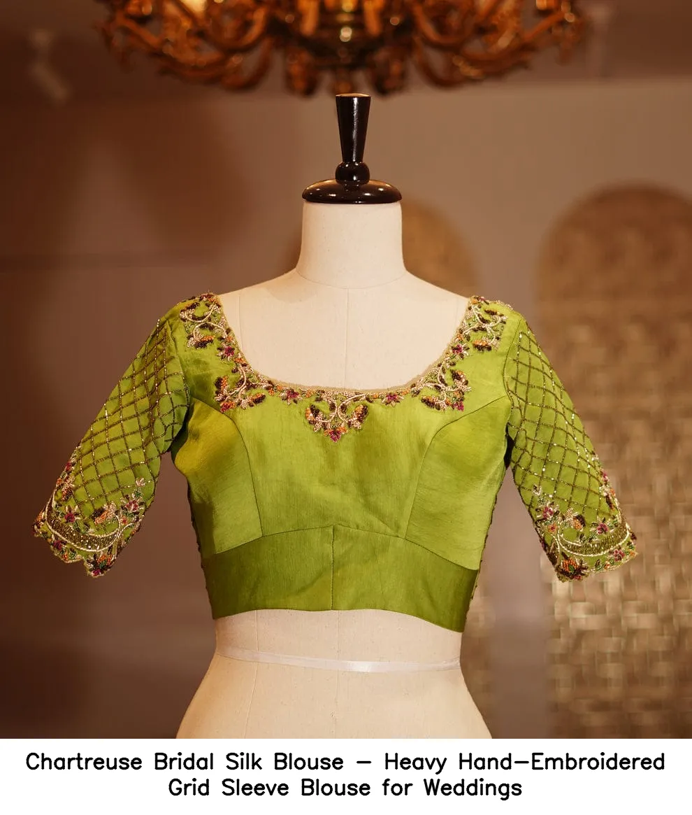 Chartreuse Bridal Silk Blouse - Heavy Hand-Embroidered Grid Sleeve Blouse for Weddings