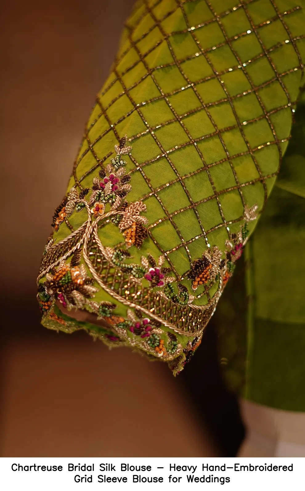 Chartreuse Bridal Silk Blouse - Heavy Hand-Embroidered Grid Sleeve Blouse for Weddings - Image 2
