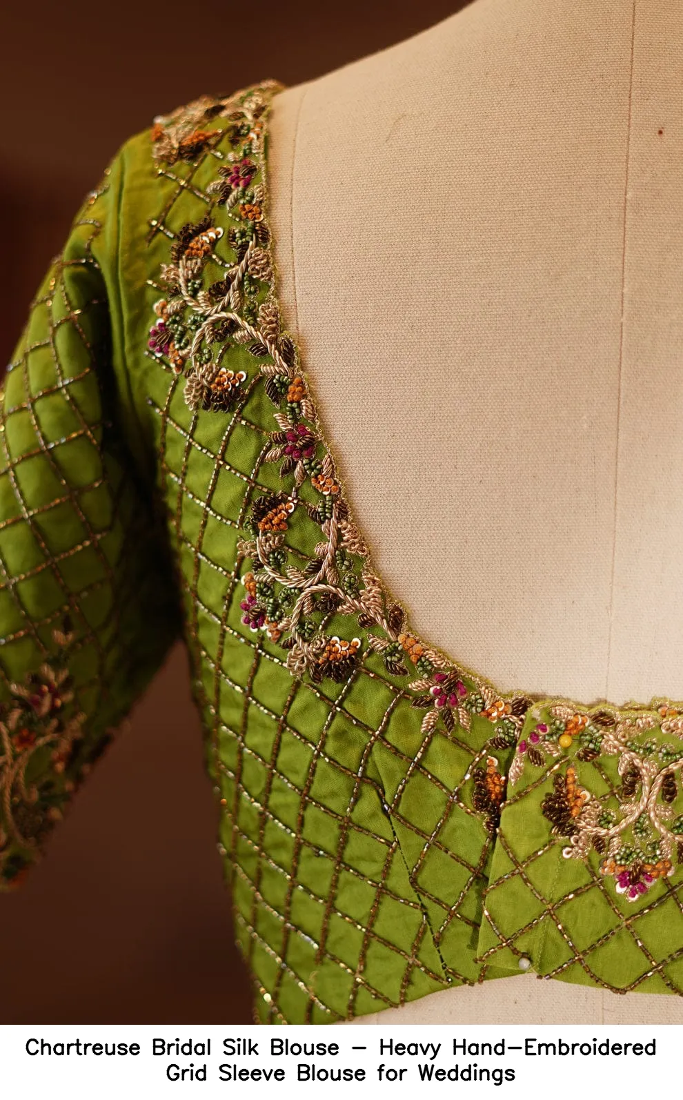 Chartreuse Bridal Silk Blouse - Heavy Hand-Embroidered Grid Sleeve Blouse for Weddings - Image 3