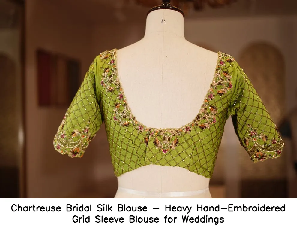 Chartreuse Bridal Silk Blouse - Heavy Hand-Embroidered Grid Sleeve Blouse for Weddings - Image 4