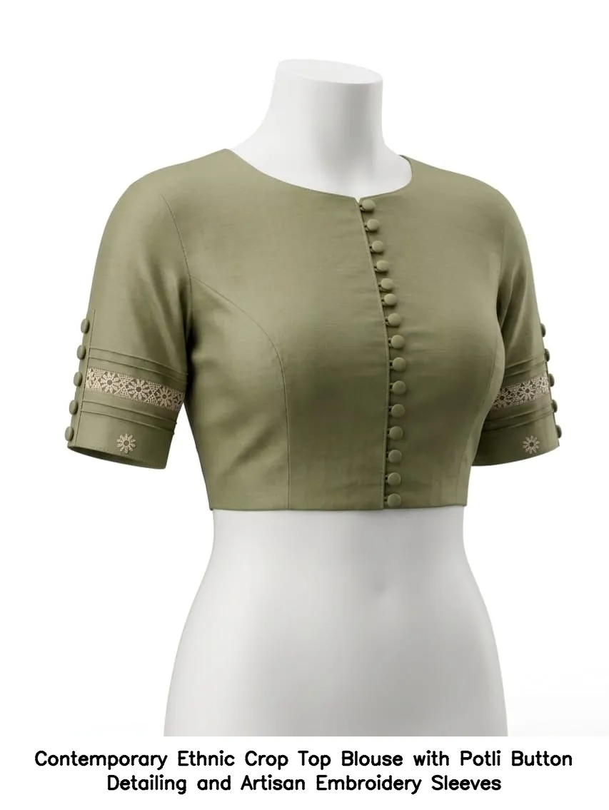 Contemporary Ethnic Crop Top Blouse with Potli Button Detailing and Artisan Embroidery Sleeves