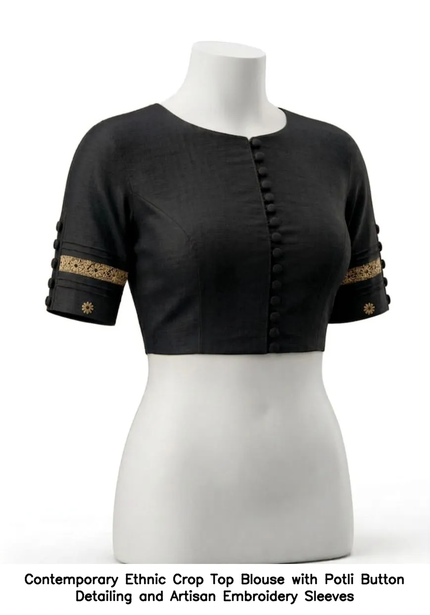Contemporary Ethnic Crop Top Blouse with Potli Button Detailing and Artisan Embroidery Sleeves