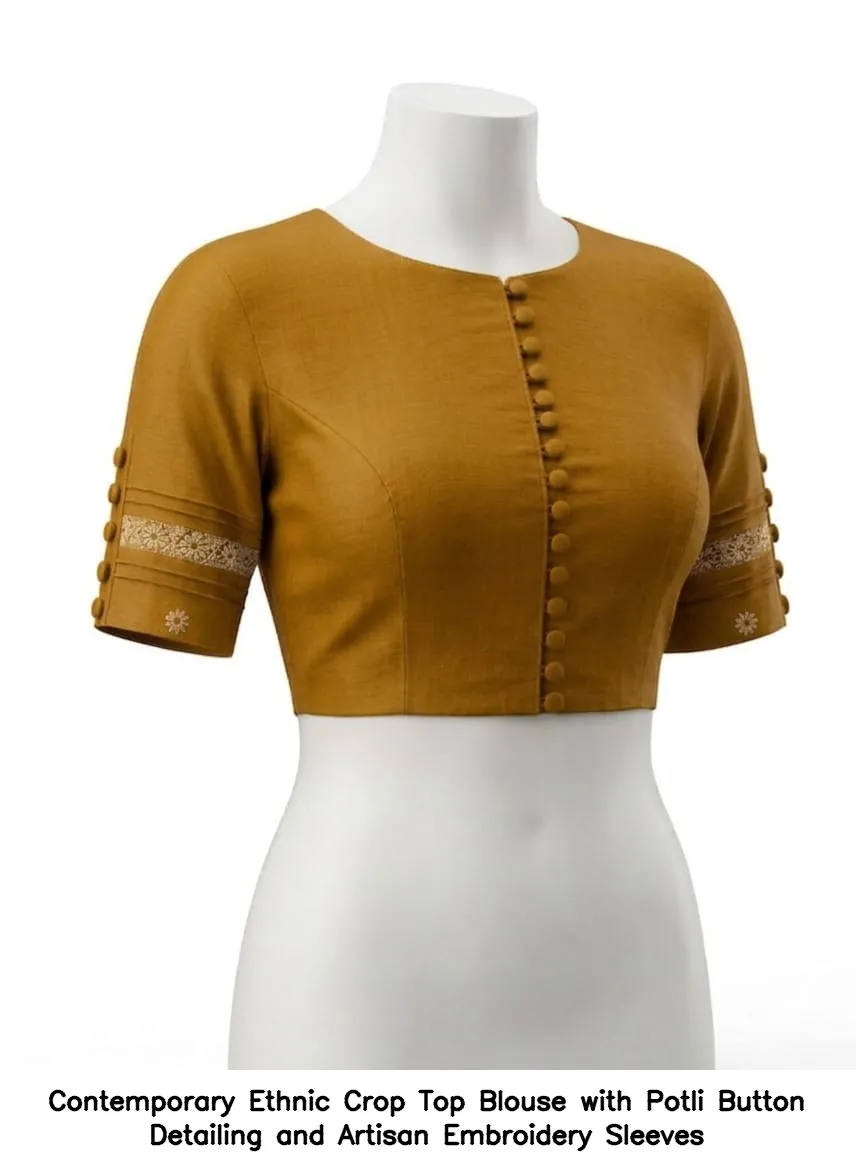 Contemporary Ethnic Crop Top Blouse with Potli Button Detailing and Artisan Embroidery Sleeves