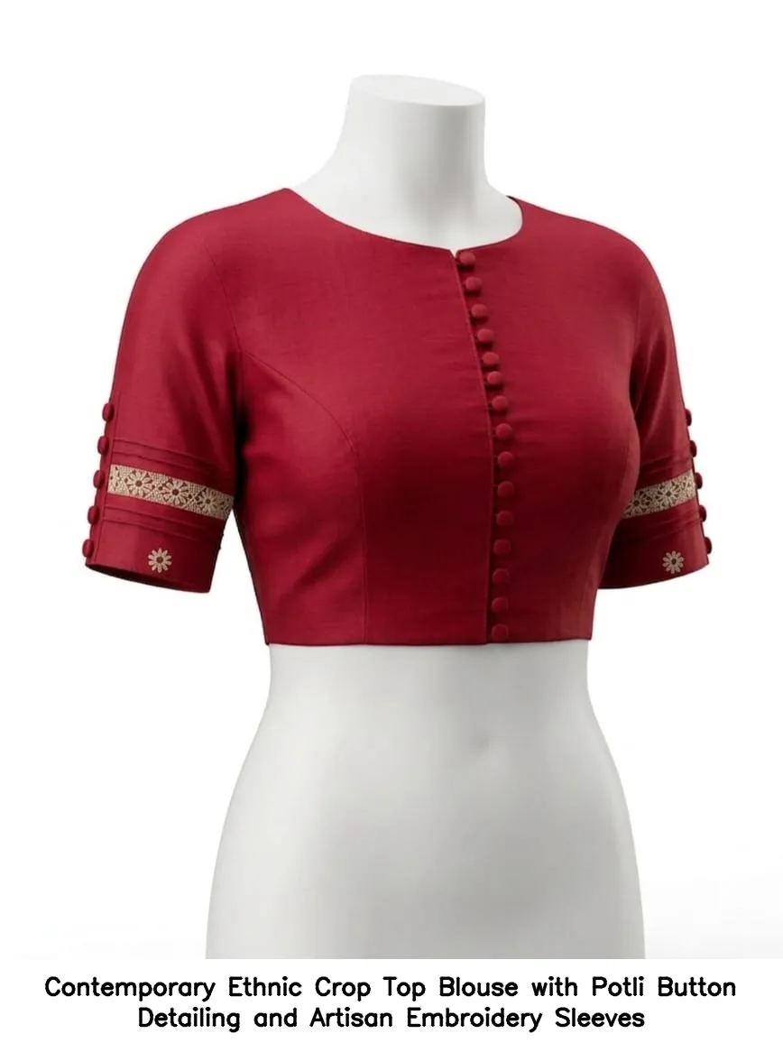 Contemporary Ethnic Crop Top Blouse with Potli Button Detailing and Artisan Embroidery Sleeves