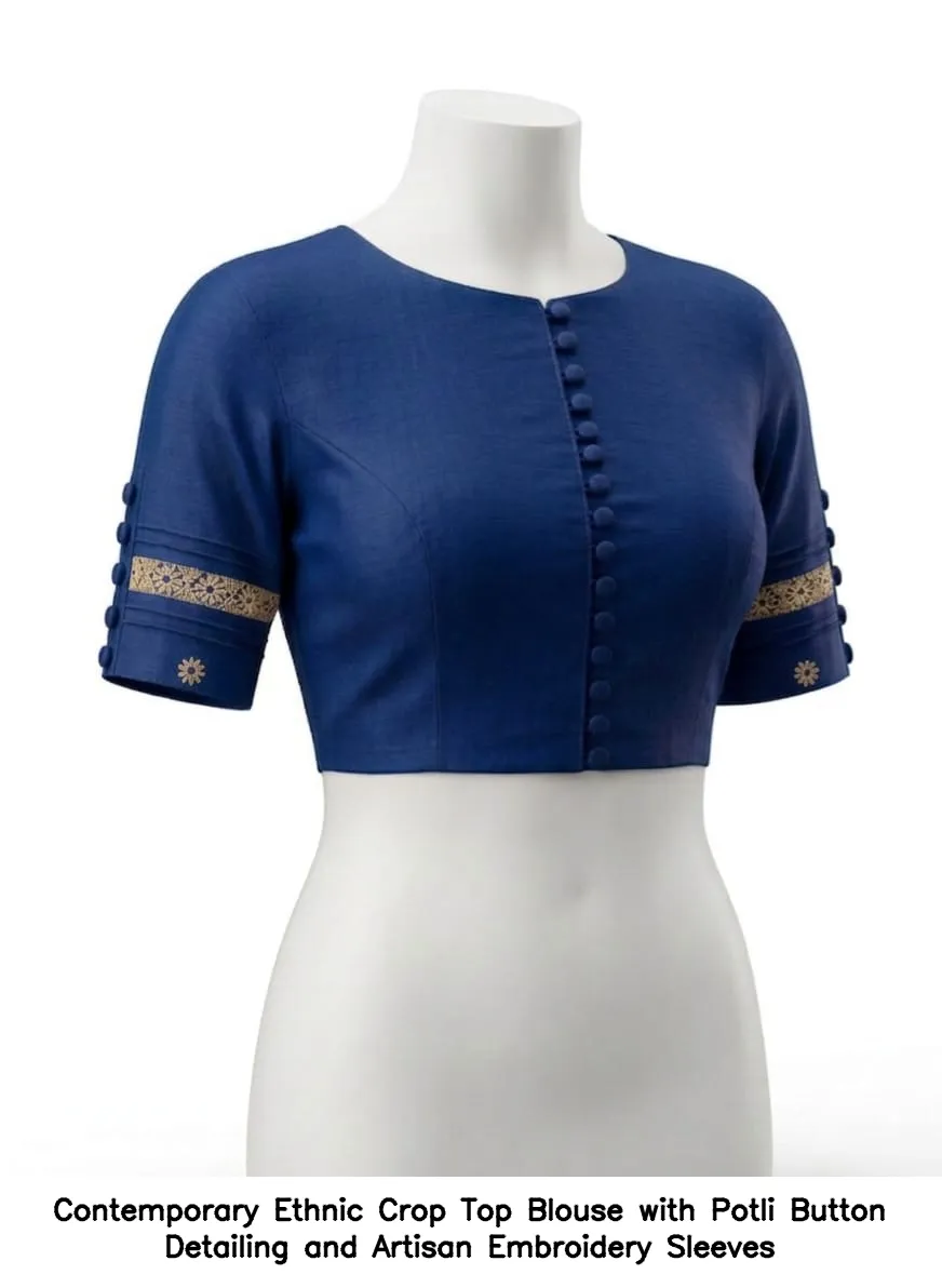 Contemporary Ethnic Crop Top Blouse with Potli Button Detailing and Artisan Embroidery Sleeves