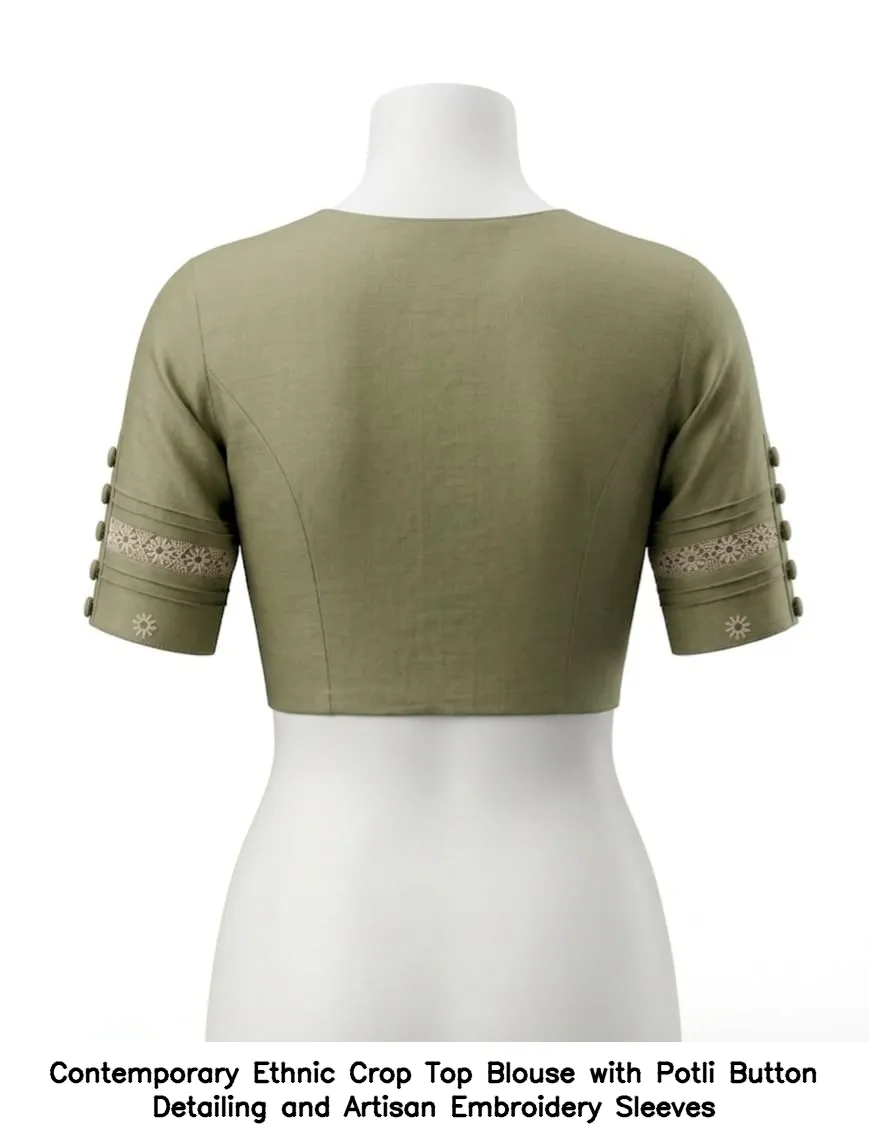 Contemporary Ethnic Crop Top Blouse with Potli Button Detailing and Artisan Embroidery Sleeves