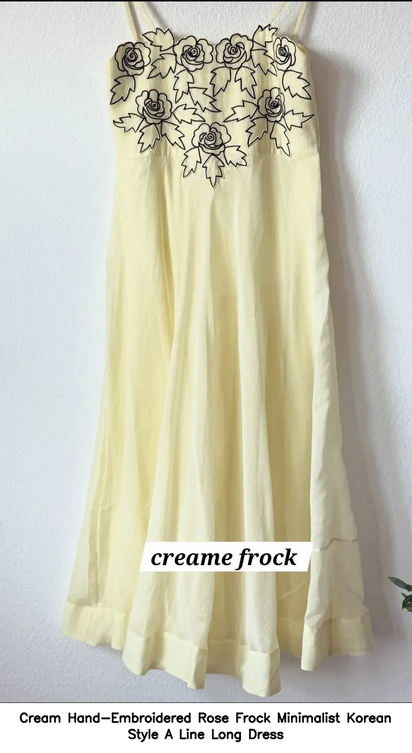 Cream Hand-Embroidered Rose Frock Minimalist Korean Style A Line Long Dress