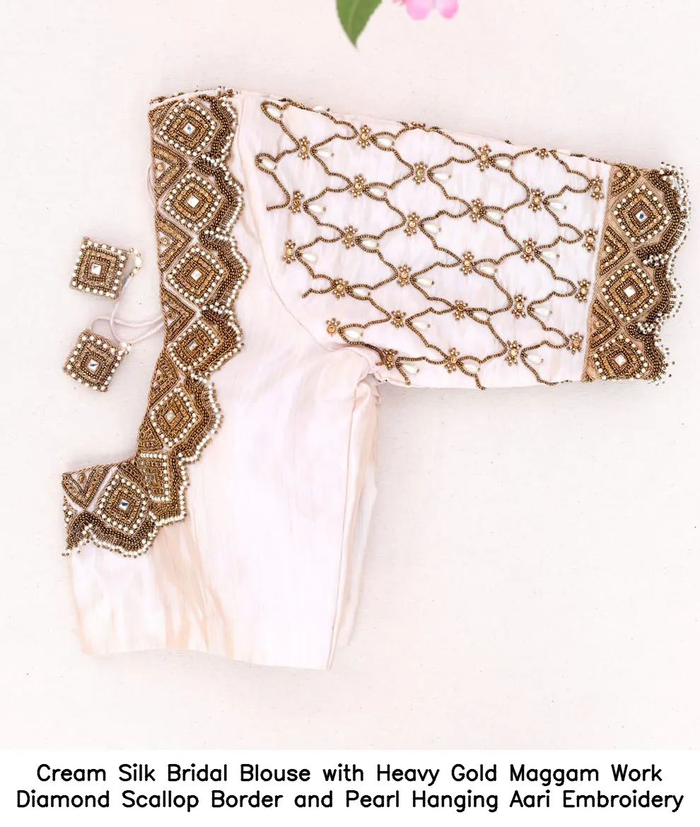 Cream Silk Bridal Blouse with Heavy Gold Maggam Work – Diamond Scallop Border and Pearl Hanging Aari Embroidery - Image 2