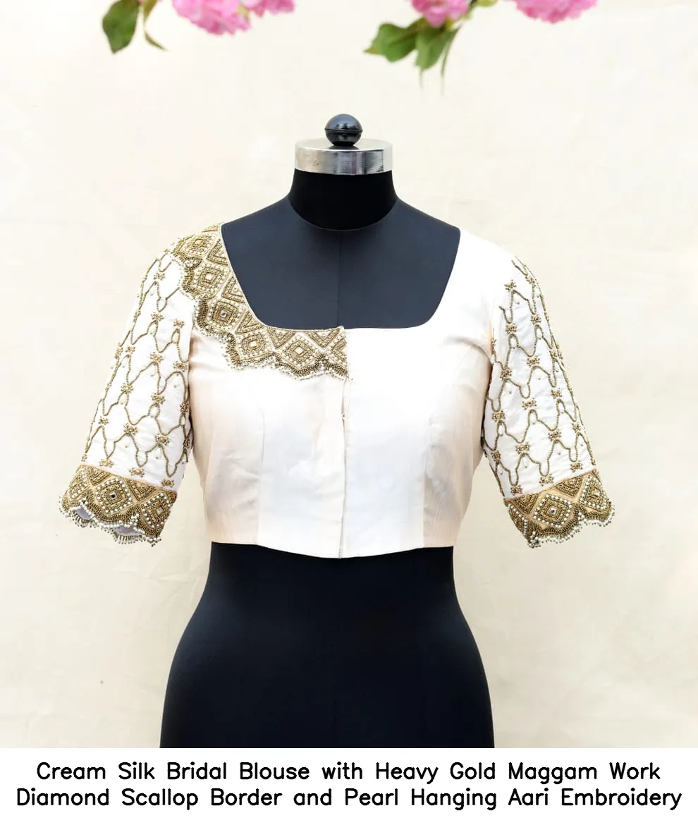 Cream Silk Bridal Blouse with Heavy Gold Maggam Work – Diamond Scallop Border and Pearl Hanging Aari Embroidery - Image 3