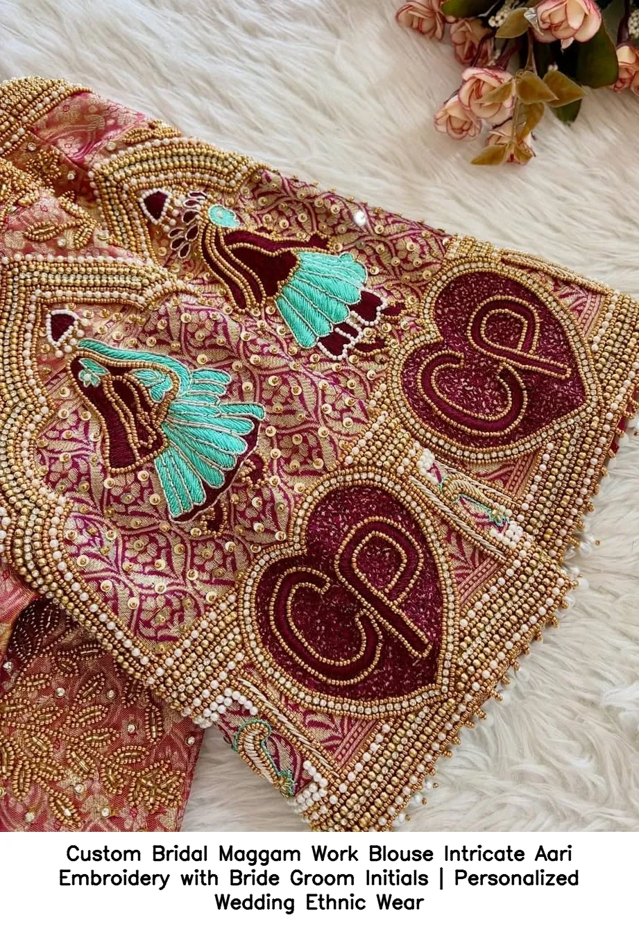 Custom Bridal Maggam Work Blouse Intricate Aari Embroidery with Bride Groom Initials | Personalized Wedding Ethnic Wear