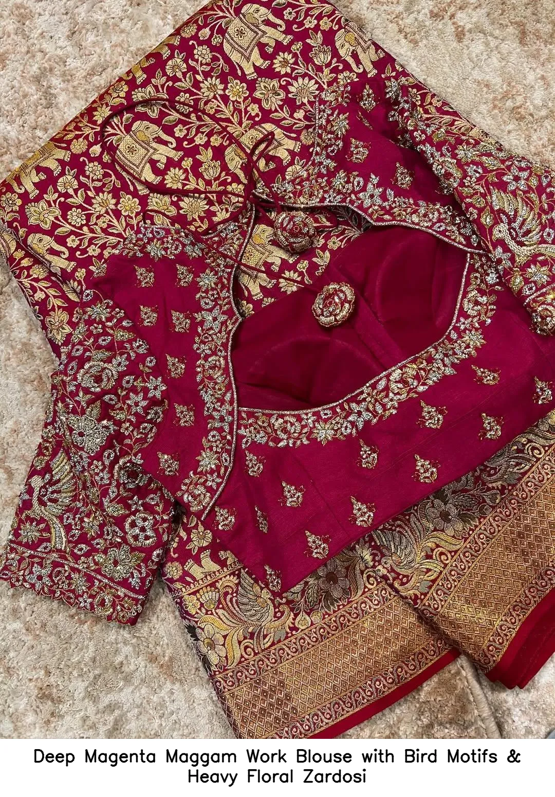 Deep Magenta Maggam Work Blouse with Bird Motifs & Heavy Floral Zardosi