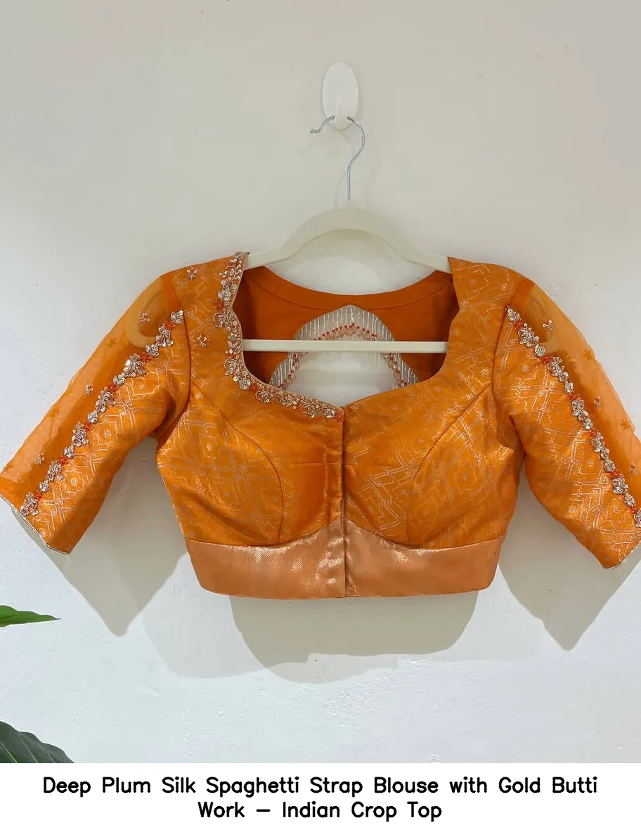 Deep Plum Silk Spaghetti Strap Blouse with Gold Butti Work - Indian Crop Top